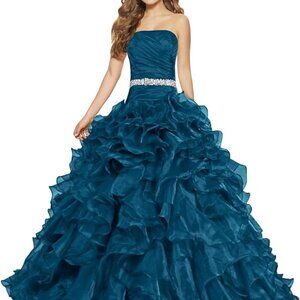 ANTS Women's Pretty Ball Gown Quinceanera Dress Ruffle Prom Dresse - Teal - Size